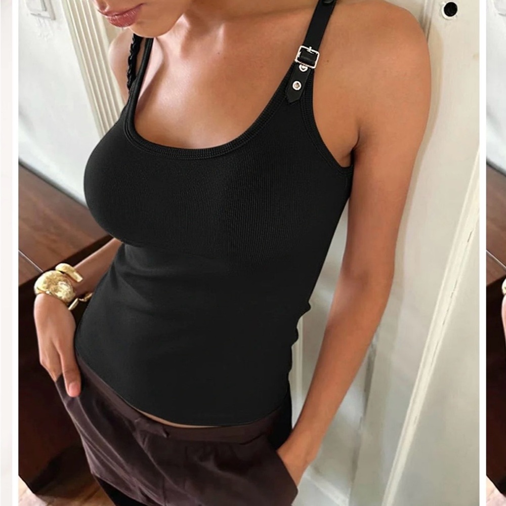 NWT Commense  Ribbed Black Women's Tank Top with Faux Leather Buckle-Medium